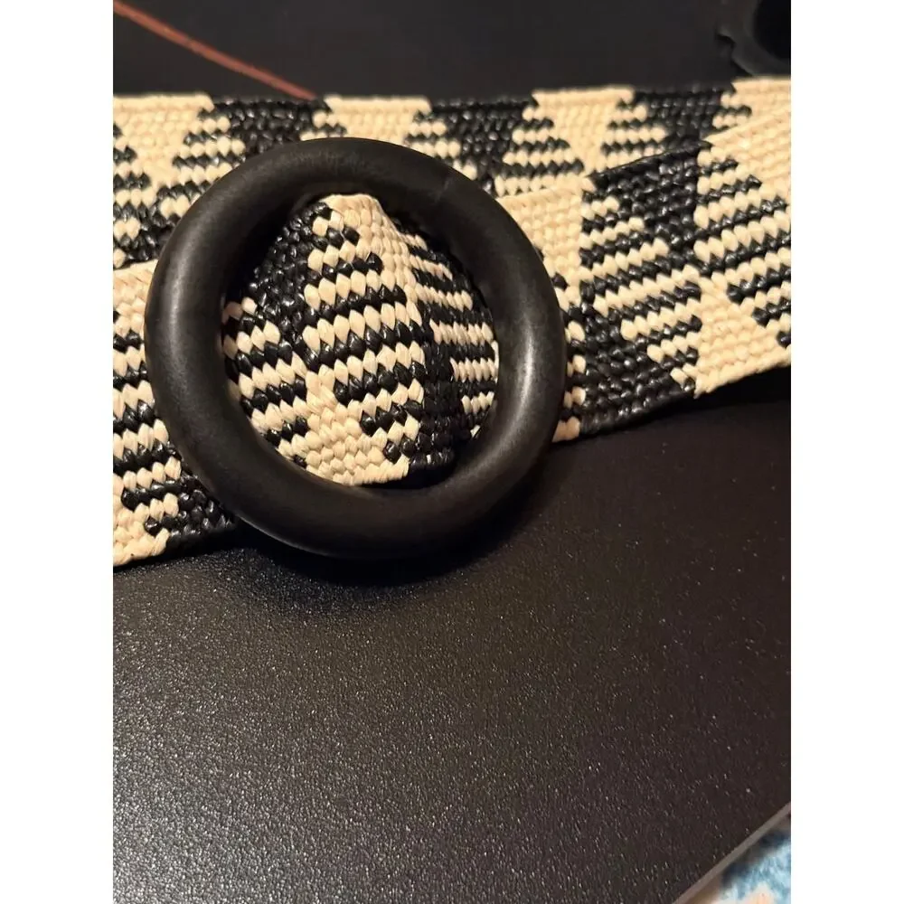 Boho Woven Ring Buckle Belt Black Cream Geometric Resort Coastal Style
